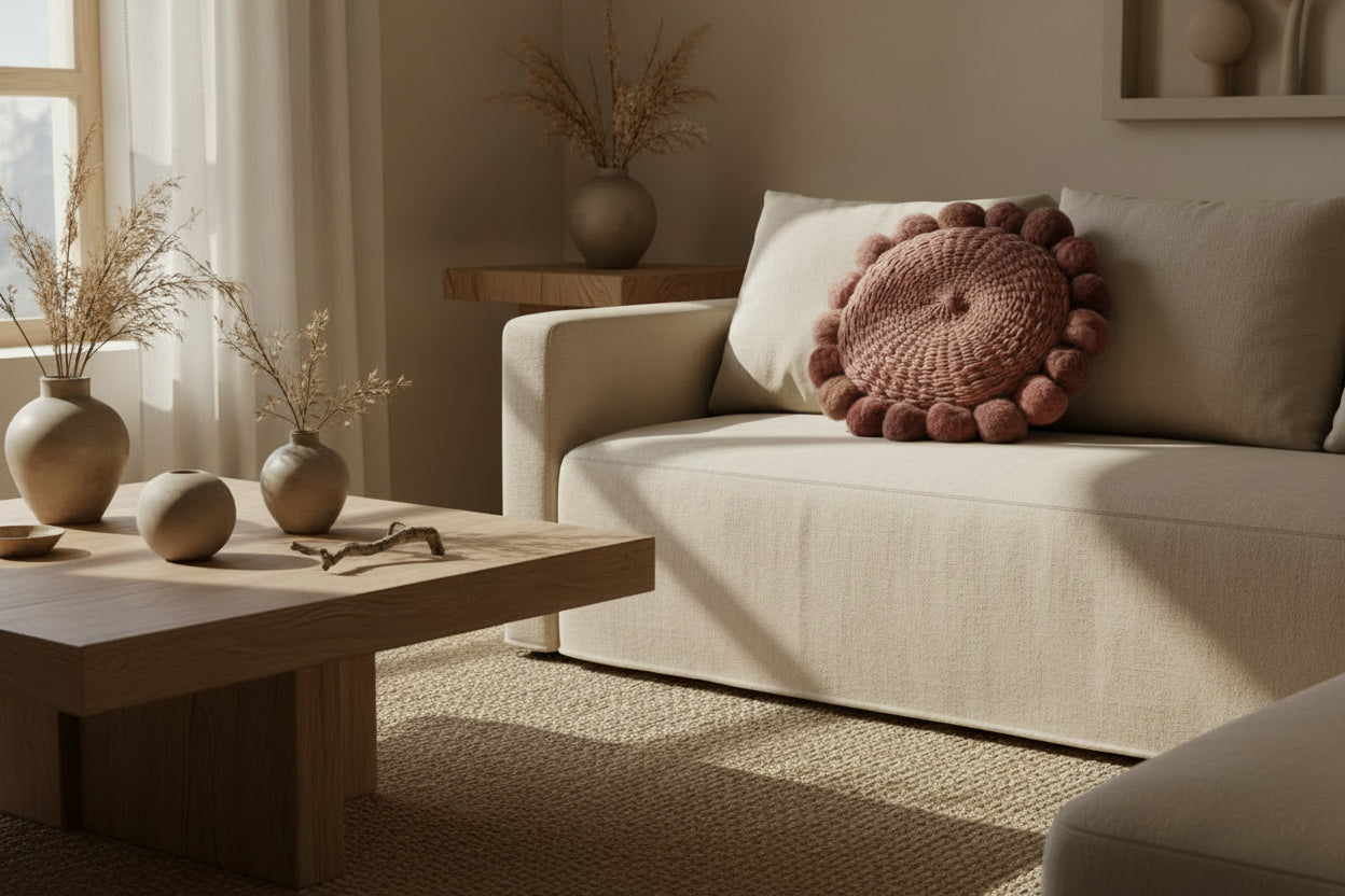Cojin de telar redondo con pompones hecho a mano -rosa magnolia