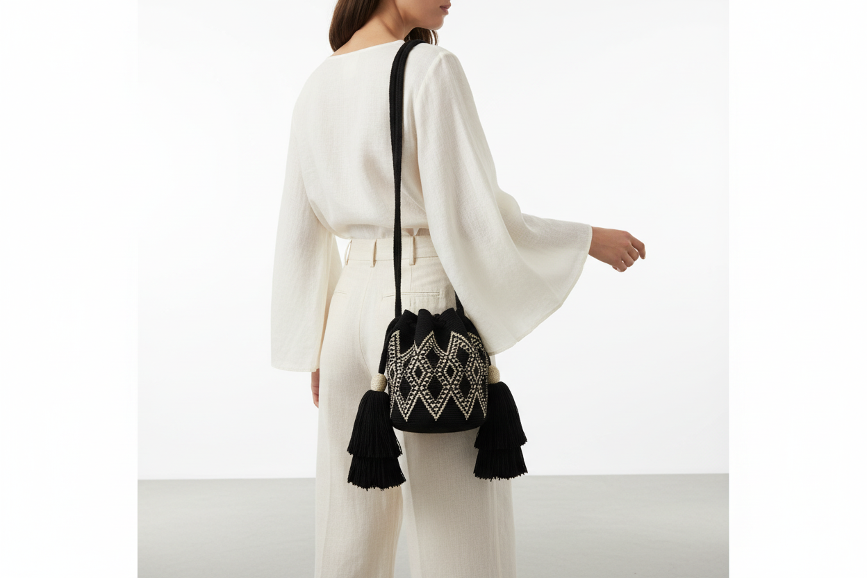 BOLSO WAYUU NEGRO Y DORADO