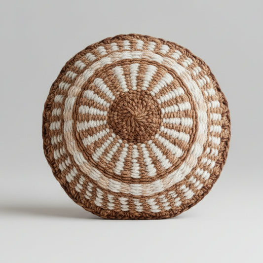 Cojin de telar redondo de lana de oveja - Camel y Natural